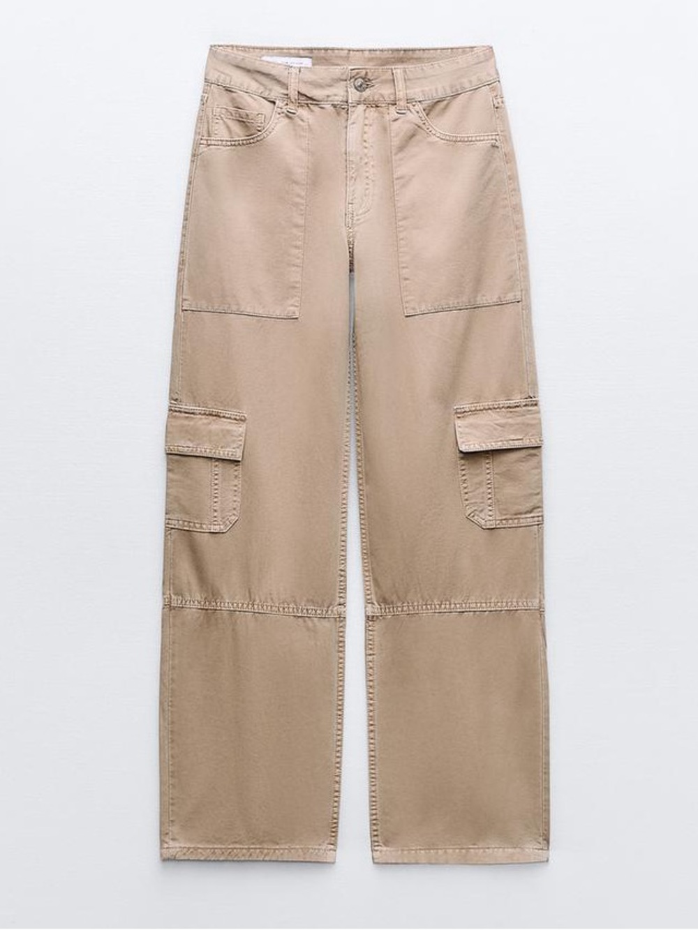 Zara Khaki Cargo Pants Wide Leg Utility Patch Pockets High Rise Khaki Tan